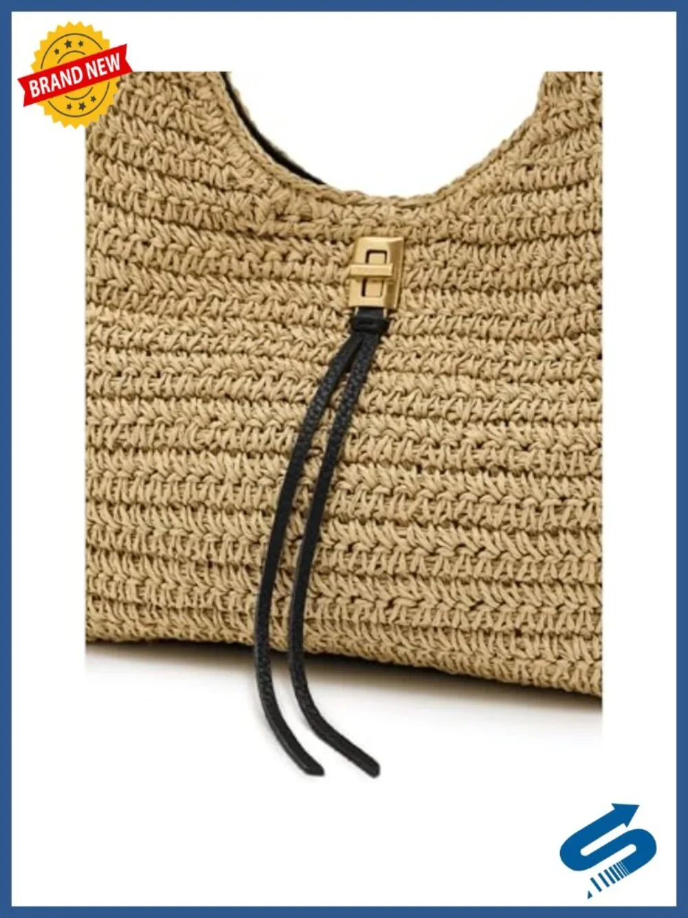 Straw Satchel Handbag with Twist Lock and Adjustable Strap